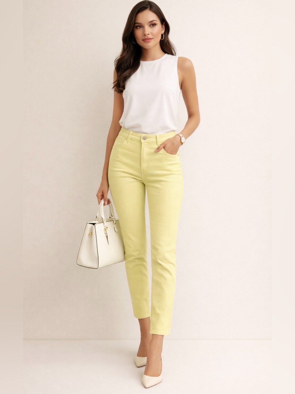 Ag Adriano The Prima Ankle High-Rise Straight Leg Jeans in Pale Yellow